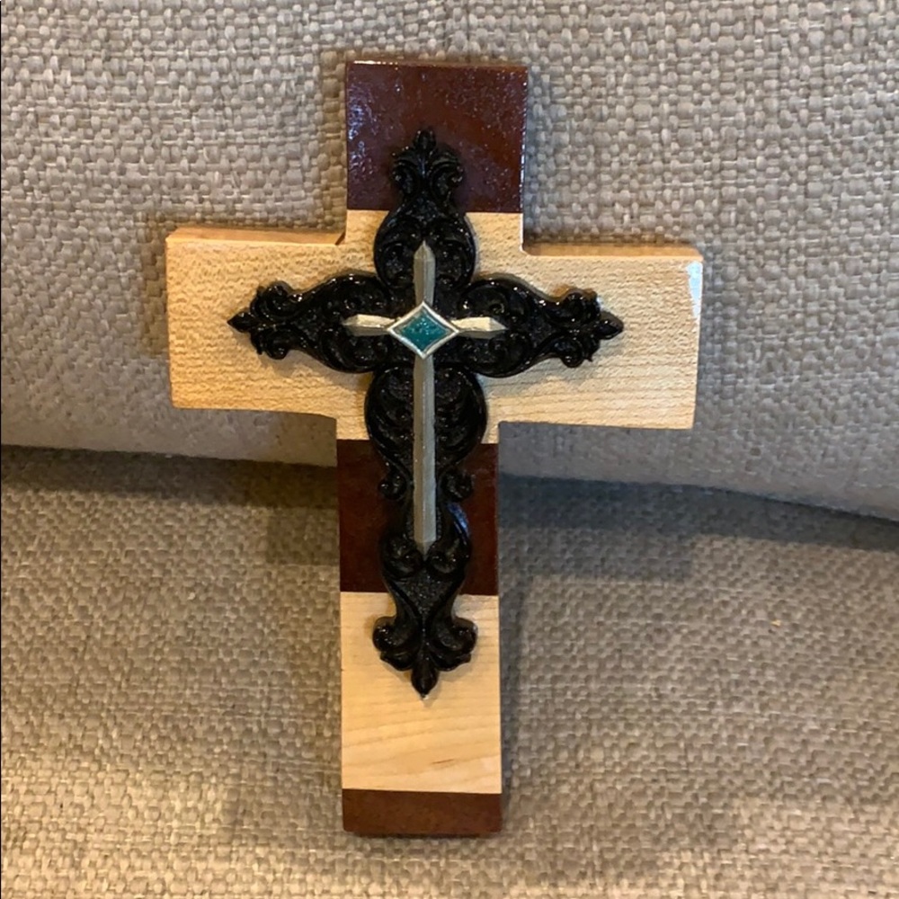 7” Handmade Wood Cross Black, Silver Blue